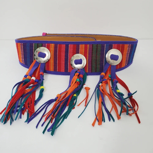 Nwot Boho Tassel Belt Size Small Multicolor Cotton Stripes Gypsie Hippie Tribal - Picture 2 of 9